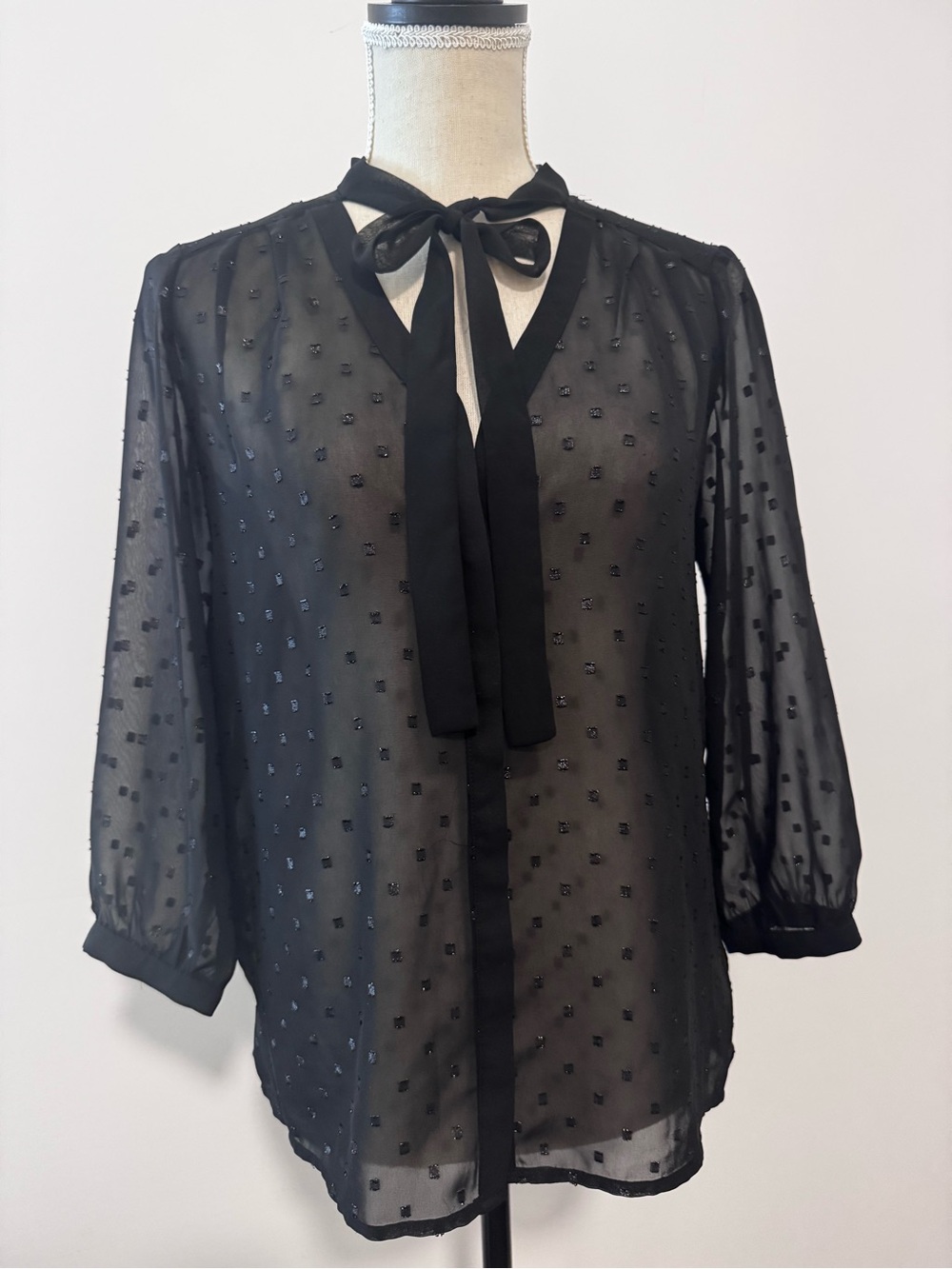 Elle Black Sheer Tie-Neck Long Sleeve Button Down Blouse Small